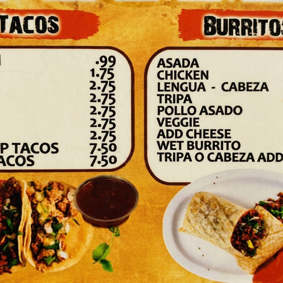 Mexican restaurant menu featuring taco and burrito listings with prices, plus photographs of tacos, burrito, salsa, and garnishes.