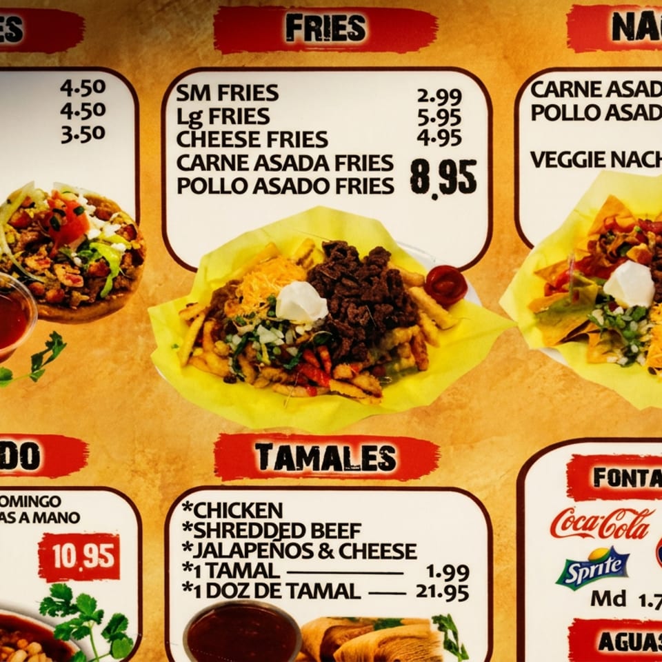 Mexican restaurant menu featuring sopes, carne asada fries, nachos, menudo, tamales, and fountain drinks.