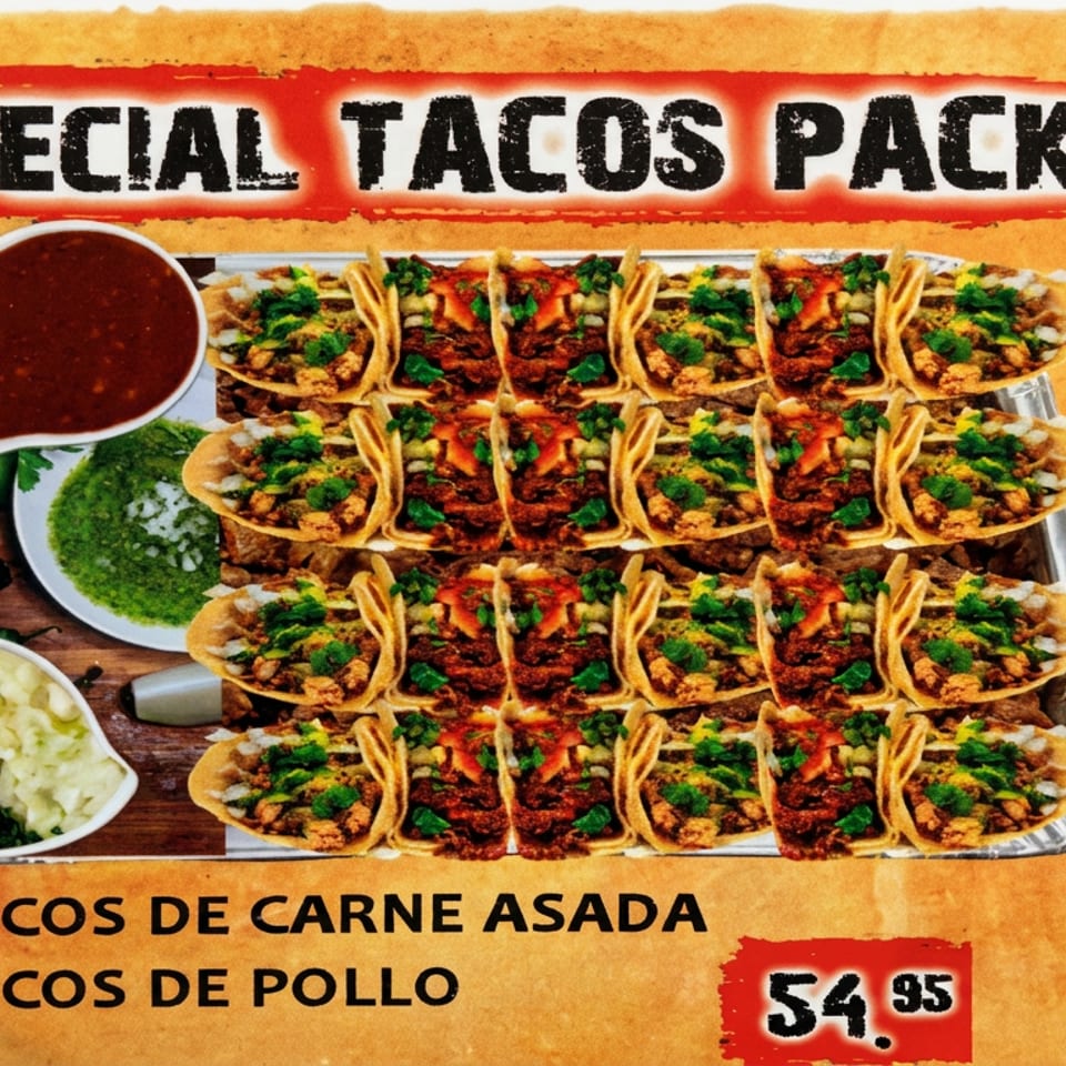 Special tacos pack featuring trays of carne asada and chicken tacos with salsa, cilantro, lime, onions, and rice.
