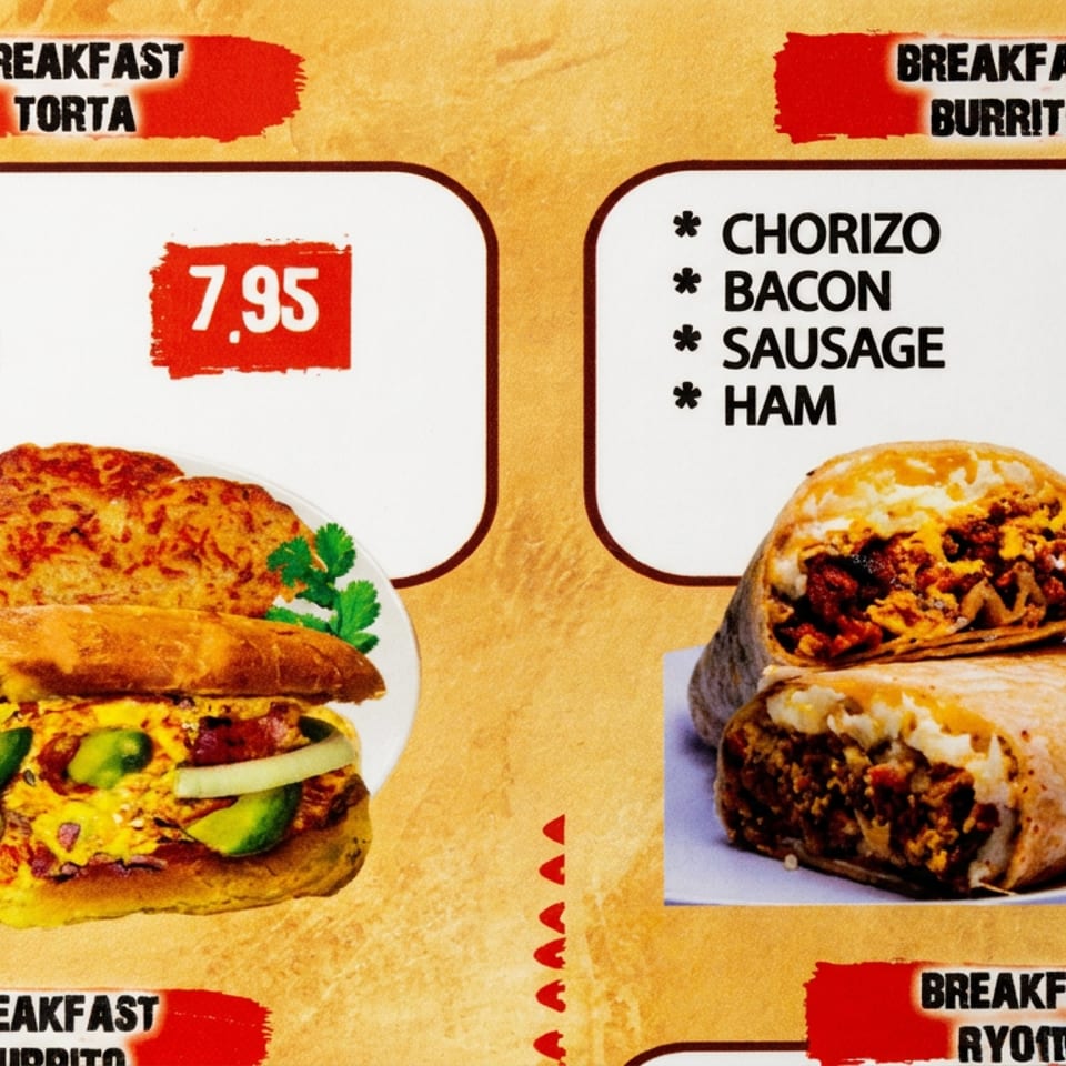 Menu graphic featuring a breakfast torta and breakfast burrito with chorizo, bacon, sausage, or ham options.