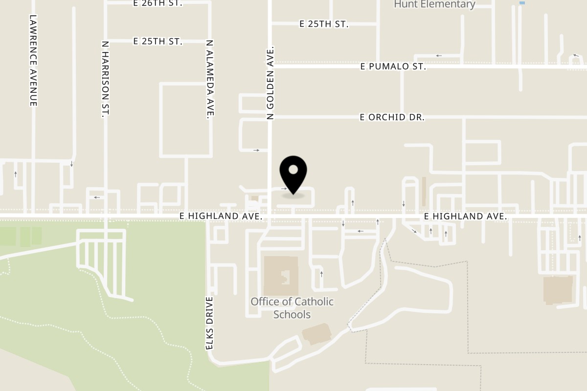 Map showing the location of Casa Fresca Tacos on 1200 E Highland Ave in San Bernardino